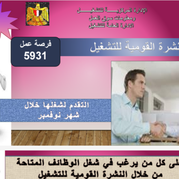 “النشرة القومية للتشغيل”.. وزارة العمل تعلن عن توافر 5931 وظيفة في أكثر من محافظة