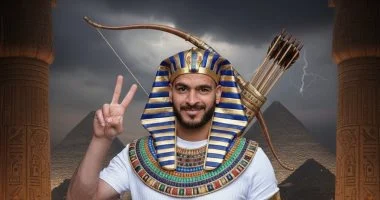 حامد حمدان يرتدي زيا فرعونيا ويحمل القوس والسهم في افتتاح المتحف المصري الكبير