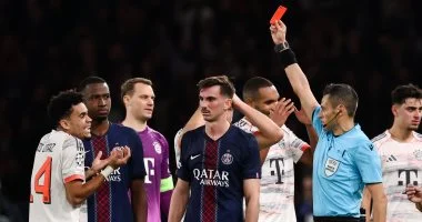 دياز يقود بي اس جي بتسجيل هدفين ويشهر الحكم البطاقة الحمراء امام بايرن