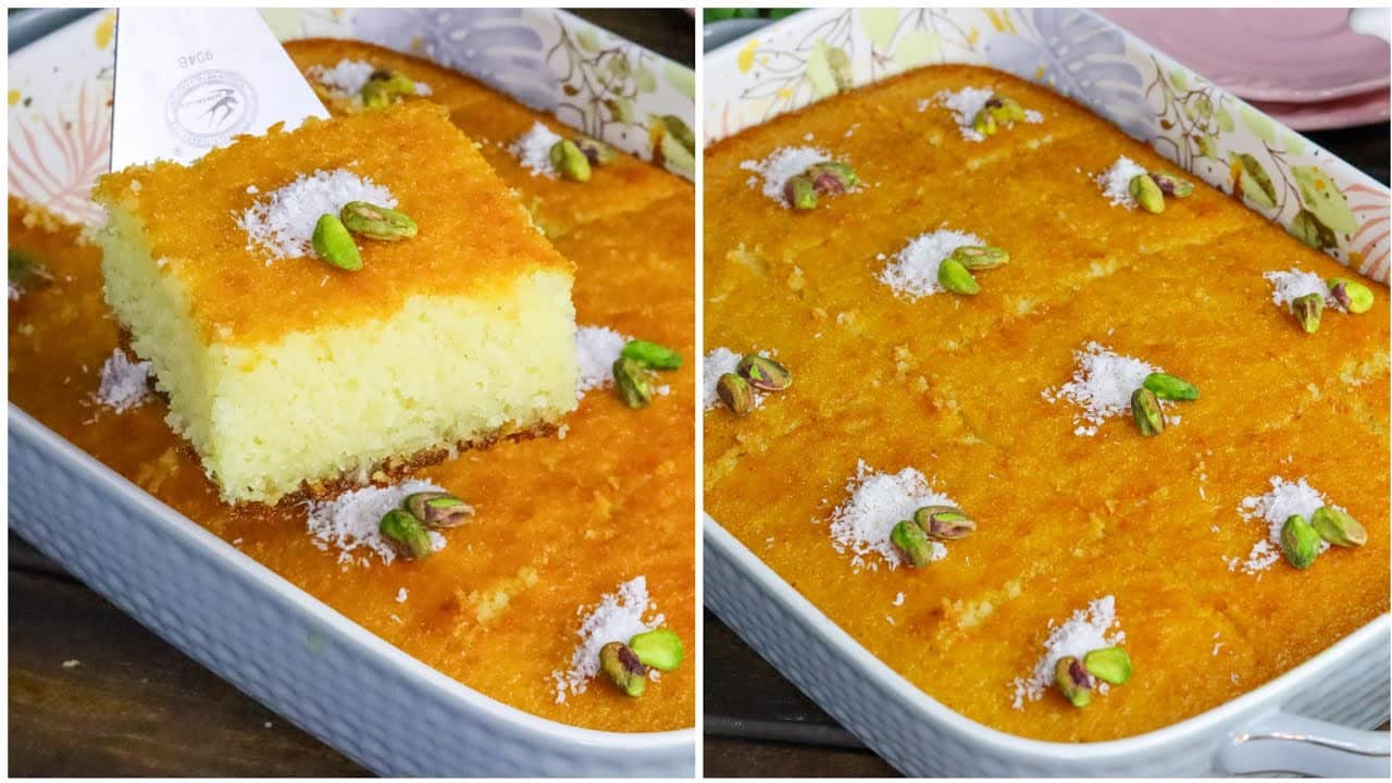 طريقة عمل كيكة البسبوسة بالزبادي هشة وجميلة وطعمها حكاية